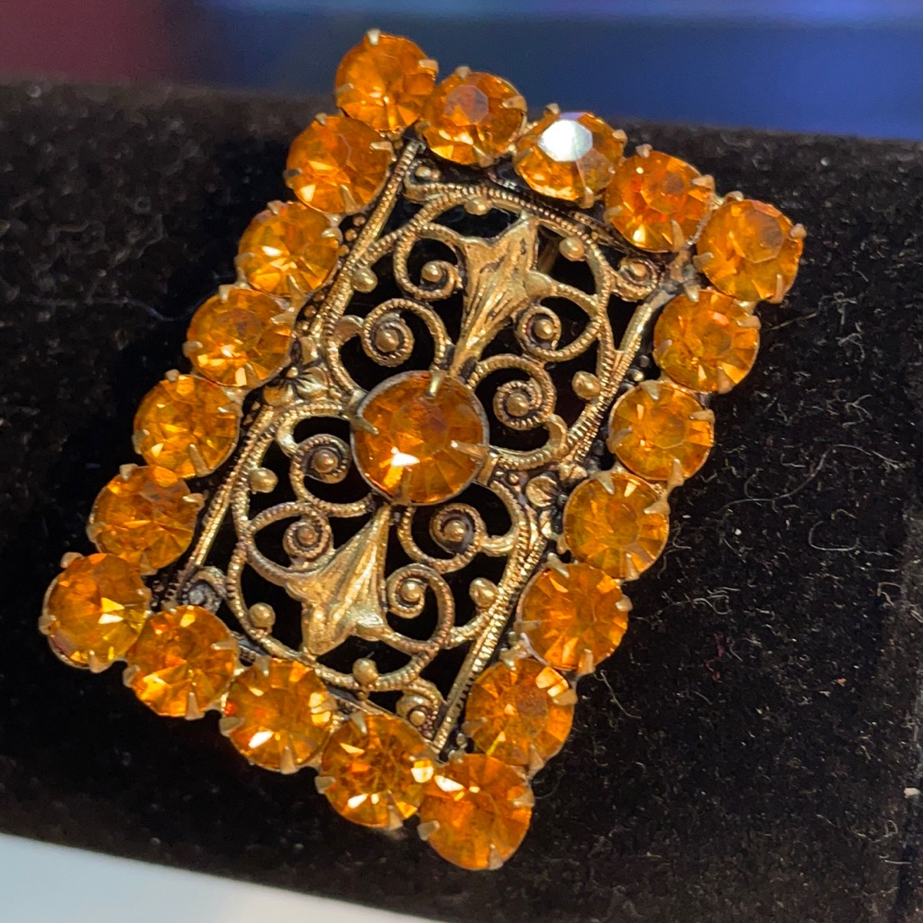 Antique Gold Filled Orange Cadmium Glass Art Deco Rectangle Brooch 1.5”